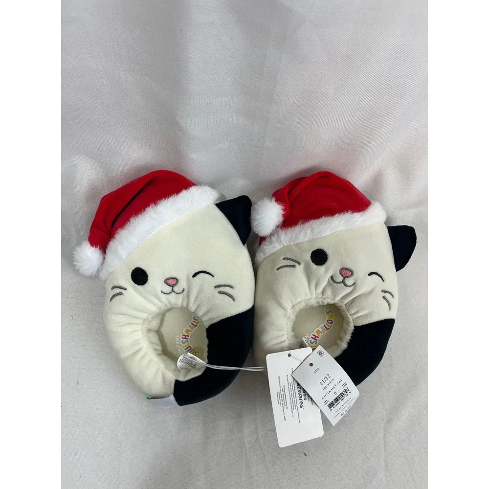 Squishmallows Santa Hat Cat Plush Slippers Off-White Black Holiday Toddler 11/12